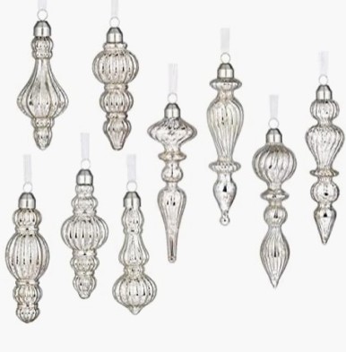Glass Christmas Ball Drop Finial Ornaments, Holiday Trees / Wreaths & Garland Decor, Silver — 9 pieces