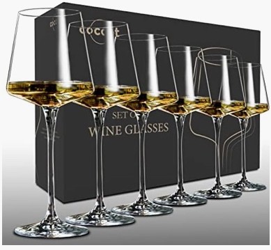 coccot Crystal Wine Glasses, long stem, 18.5 oz — set of 6 (lead-free blown glass)