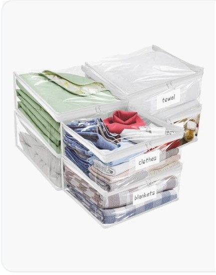 Clear Vinyl Zippered Storage Bags for clothes/bedding, pack of 6 (14.2 × 12 × 3.2 in)