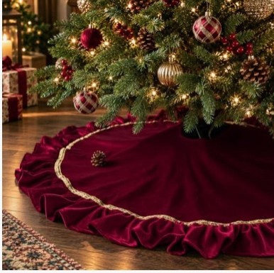 Christmas Tree Skirt, 48 Inch — Wine Red Velvet Plush Fur, Ruffled with Gold Trim and Bow