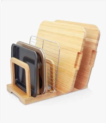 MinBoo Bamboo 5-Slot Adjustable Cutting Board Rack & Bakeware Organizer, small
