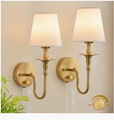 Plug-In Wall Sconces, gold farmhouse with fabric shade — set of 2