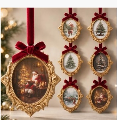 Silifine Traditional Christmas Framed Ornaments, red toile — 6 pcs